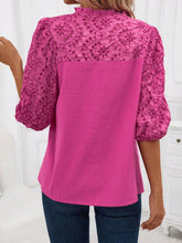 Eyelet Embroidery Frill Neck Puff Sleeve Button Front Shirt